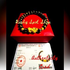 24K ✨ Real Gold Pixiu 🦁🐦‍🔥🐲 Blk Agate w/ Tibetan Blessing Inscriptions ⚫️📿